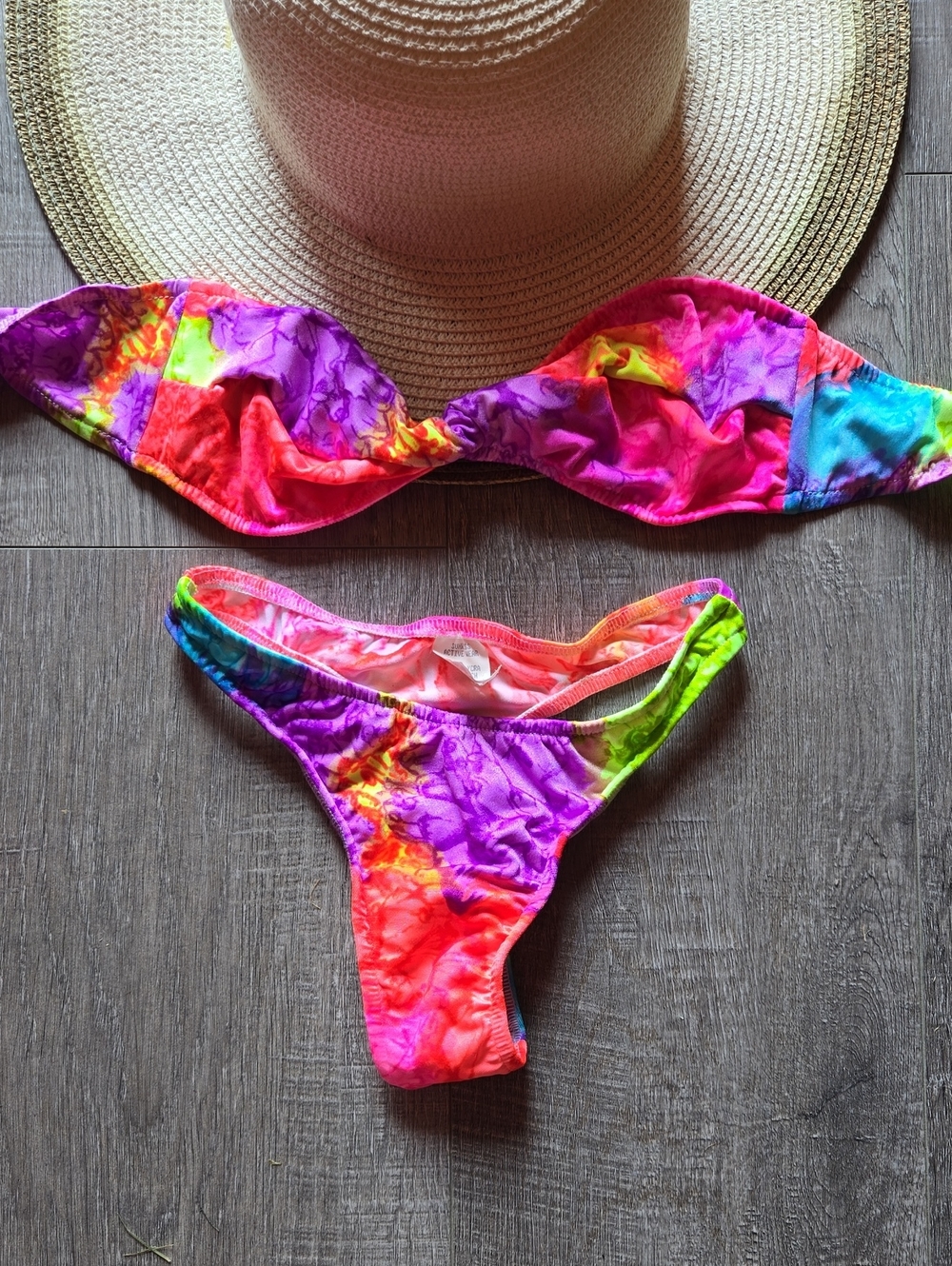Vibrant Thong Tie-Dye Bandeau Bikini Set - Neon Multi. Small